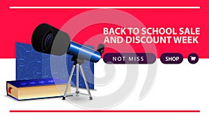 Back to school and discount week, horizontal discount web banner with telescope, map of the constellations.