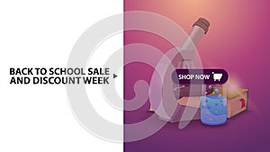 Back to school and discount week, pink horizontal discount web banner with microscope, books and chemical flask