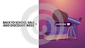 Back to school and discount week, pink horizontal discount web banner with telescope, map of the constellations.