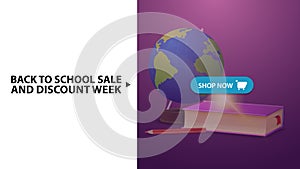 Back to school and discount week, purple horizontal discount web banner with globe and school textbooks