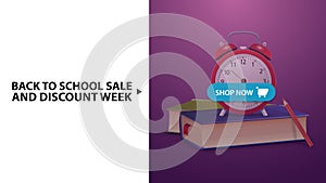Back to school and discount week, purple horizontal discount web banner with school books and alarm clock