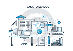 Back to school. Distance education, e-learning. Courses, universities and colleges.