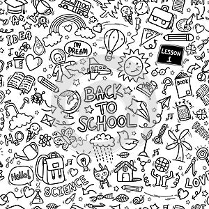 Back to school doodle icons seamless pattern background. hand drawn education sign and stationery supply item and equipment