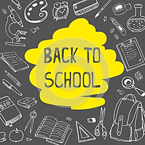 Back to school doodles on chalkboard background with yellow underline. Vector hand drawing illustration.