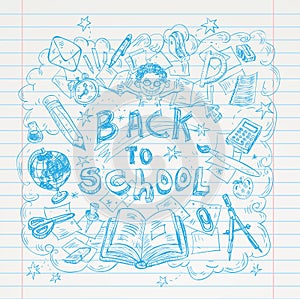 Back to School doodles elements, set of labels and icons. Vector illustration.