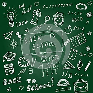 Back to school doodles. Hand drawn school icons set. Sketch school icons set. Vector illustration.