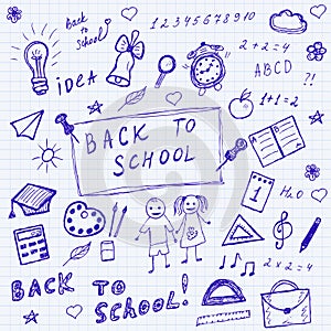 Back to school doodles. Hand drawn school icons set. Sketch school icons set. Vector illustration.