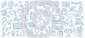 Back to school doodles. School supplies and elements. Hand-drawn vector illustrations