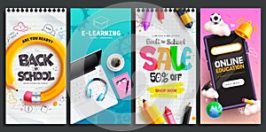 Back to school e learning vector poster set design. Back to school online education with laptop computer