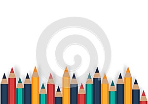 Back to school and education concept. Set of sharpened colored pencils or crayons on white background with copy space. Flat design