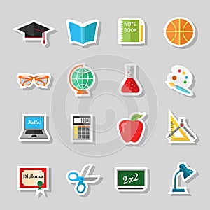 Back to school and education flat icons with computer, open book, desk, globe. Paper stickers elements.