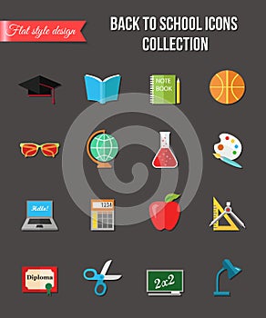 Back to school and education flat icons with computer, open book, desk, globe. Paper stickers elements.