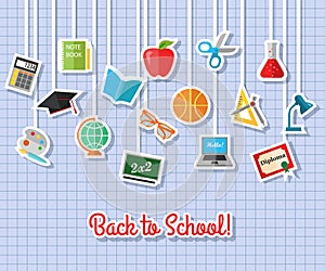 Back to school and education flat icons with computer, open book, desk, globe. Paper stickers elements.