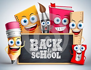 Back to school education items vector characters. School mascots