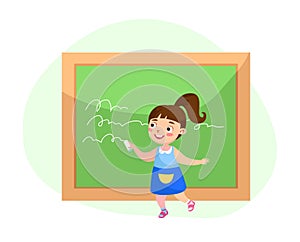 Back to School, Education or Knowledge Concept. Little Girl Writing on Blackboard. Kid Character Studying