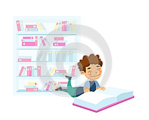 Back to School, Education or Learning Concept. Kid Lying on Floor Reading Book. School Boy Student Prepare to Exam