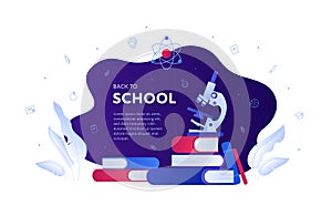 Back to school, education and science concept. Vector flat banner template illustration. Frame with text. Book, microscope, atom