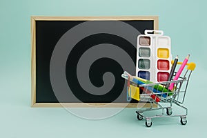 Back to school. Education, shopping office supplies for school with a school board on a blue background. Copyspace