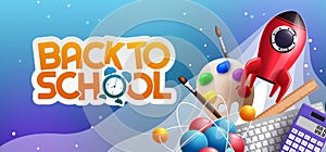 Back to school education vector design. Back to school text with rocket, painting and science icon education learning elements.