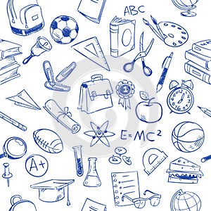 Back to school, education vector doodles, pencil drawing seamless pattern