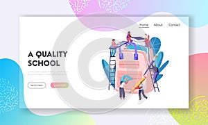 Back to School, Education Website Landing Page, Characters Put Accessories into Backpack. People Holding Pencil, Paints, Book