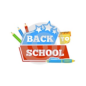 Back to school emblem with accessories. Vector illustration.
