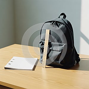 Back to School Essentials: Backpack, Notebook, and Ruler on Wooden Table