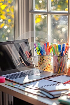 Back to School Essentials, A creative desk setup featuring an organized array of school essentials. A laptop sits among