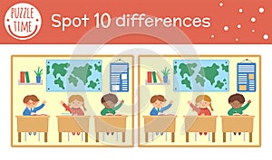 Back to school find differences game for children. Educational activity with schoolchildren sitting in classroom. Printable