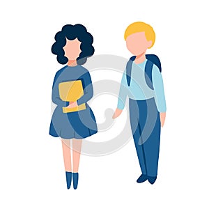 Back to school flat illustration with two school children - boy with backpack and girl with books in hands