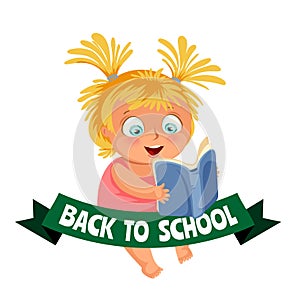 Back to school flat poster, girl sitting and reading interesting book