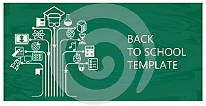 Back to school flat vector background. White icons on green chalkboard.