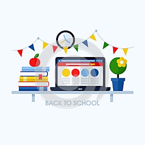 Back to school flat vector illustration with desk and school sup