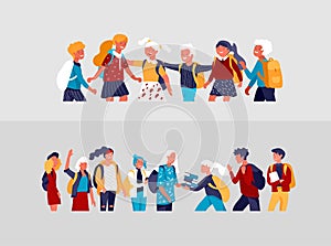 Back to school flat vector illustrations set. Preteen and teenage schoolkids. Parents with kids, schoolmates, friends