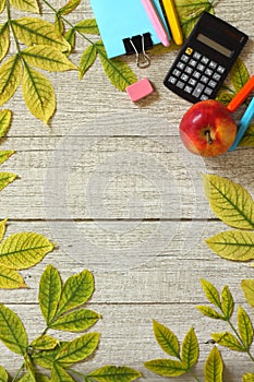 Back to school. Flatlay background. Table with autumn leaves and different school supplies, stationery, pencils.