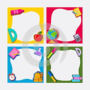 Back to school, frame square template banner, kids  vector illustration