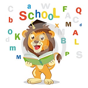 Back To School. Funny Lion Read Book On A White Background. Cartoon Vector Illustrations.