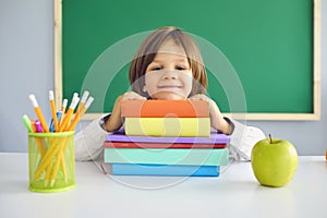 Back to school. Funny schoolboy looks at the camera while sitting at a table with books in a school classroom.