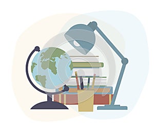 Back to school. Globe, books, lump, pens and pencils. Education concept. Vector illustration