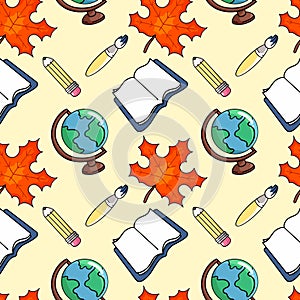 Back to school globe, pencil, maple leaf, vector seamless pattern in the style of doodles, hand drawn