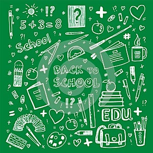 back to school on a green background. School board with school and education theme