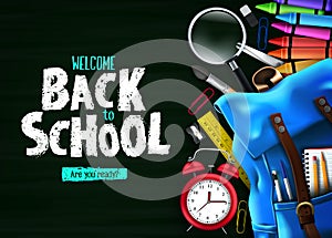 Back to School In Green Chalkboard Background Banner with Blue Backpack and School Supplies