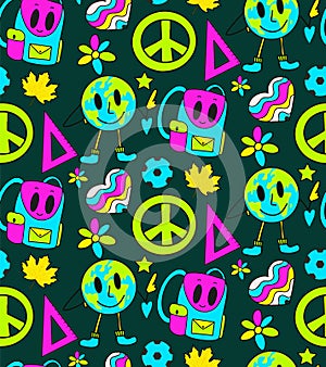 Back to school groovy pattern in retro 70s style. Psychedelic texture hippie design. School and education doodles hand