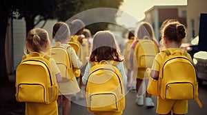Back to school, group of female students with yellow backpack with textbooks, kickball. AI generated.