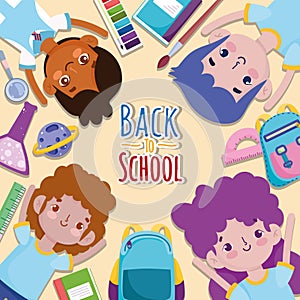 Back to School group students cartoon stationery supplies education