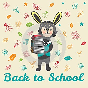 Back to school hand drawn card with Bunny student with books