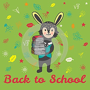 Back to school hand drawn card with Bunny student with books