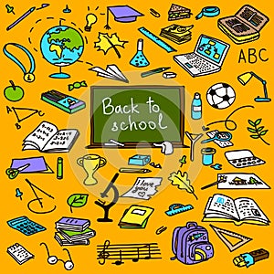 Back to school, hand drawn colored objects, sketch, doodle,