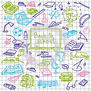 Back to school, hand drawn colored silhouettes on squared paper, sketch, doodle,