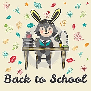 Back to school hand drawn doodle card with Bunny student